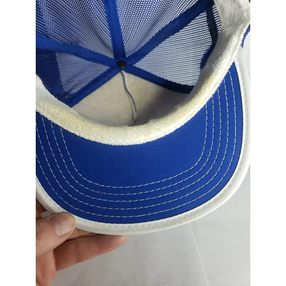 Vintage Three Stripe Trucker Hat USA Mesh 70s 80s Blue Metal SnapBack